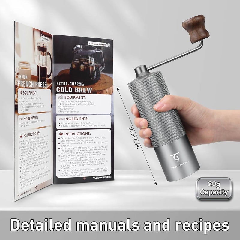 Sunya Manual Coffee Grinder with Stainless Steel Conical Burr. Aluminum Shell Hand Coffee Bean Mill with Adjustable Settings. Coffee Recipes Booklet Included (MCG-02 Gray) - Image 5